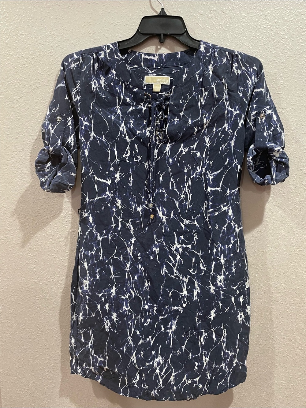 Michael Kors Navy and White Lace-Up Print Blouse